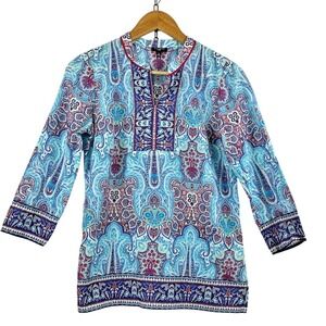 Talbots Top Women's Small Petite Paisley Boho Tunic V-Neck Sheer Coverup